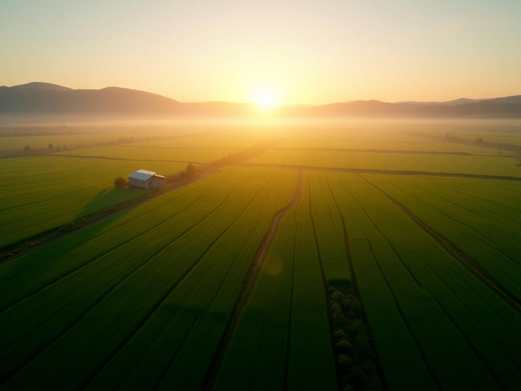 Scenic view of a lush, green sustainable farm at sunrise with distant hills