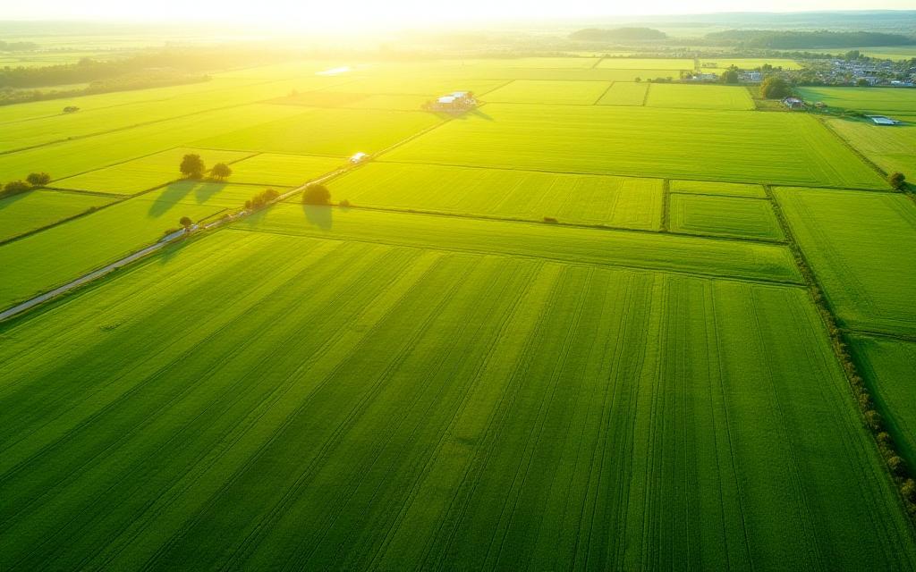 Aerial view of a healthy, green farm field bathed in sunlight