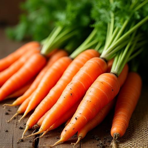 Bundles of freshly harvested orange carrots with their green tops intact
