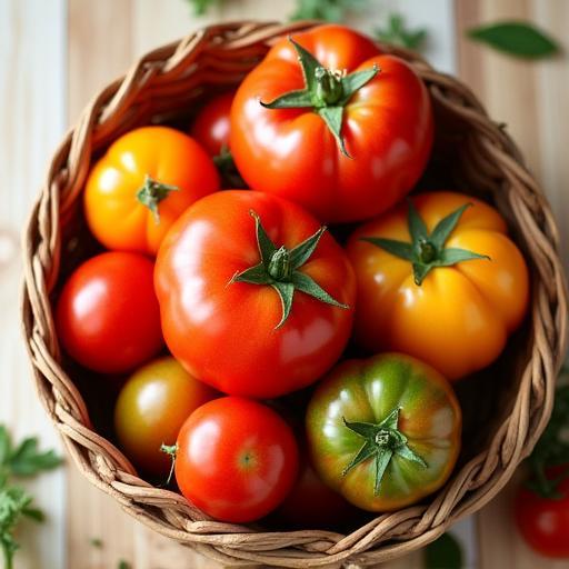 Vibrant organic heirloom tomatoes in a rustic basket