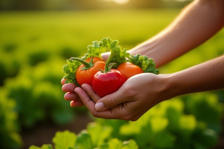 Hands gently harvesting fresh vegetables from a vibrant, sustainable field